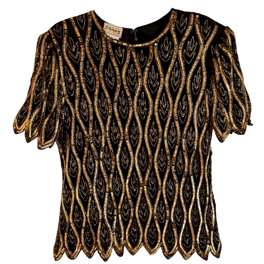 Stenay Silk Beaded Sequin Top Black Gold Vintage Glam Evening Large